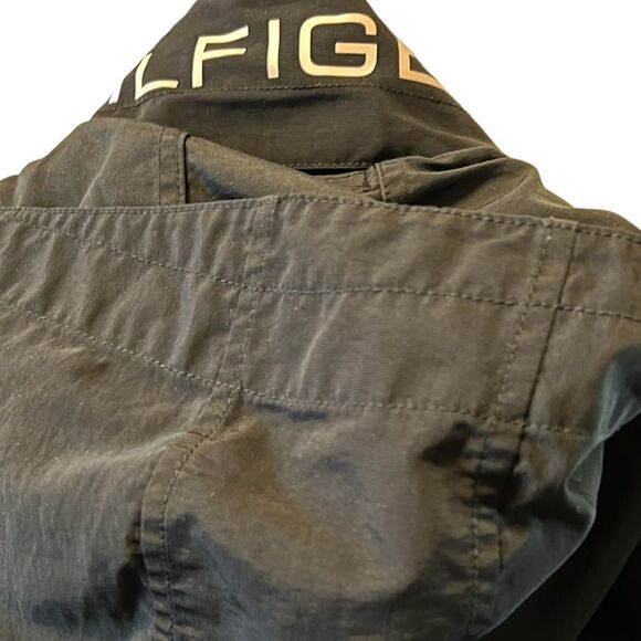 TOMMY HILFIGER Black High Neck Mid Weight Fall Rain Hooded Jacket Coat L - Picture 4 of 8